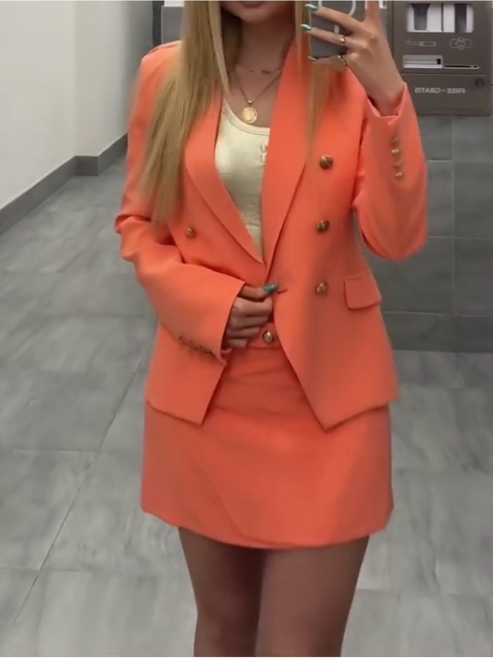 Women's Double-Breasted Orange Blazer with Matching Skirt - Elegant Suit Jacket
